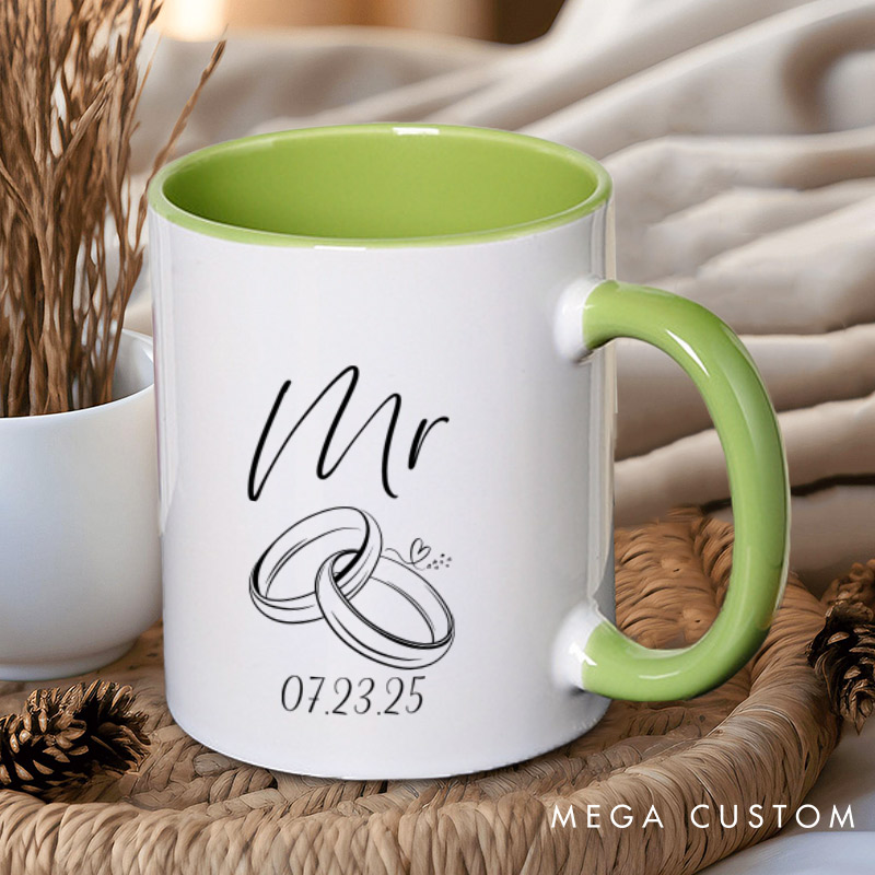 Personalized Minimalist Mr and Mrs with Rings and Heart Wedding Couple Mugs