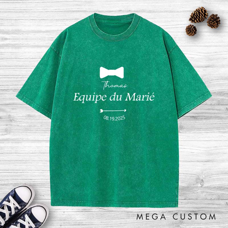 Personalized Équipe du Marié Stag Washed T-Shirt Elegant Wedding Party Tee Vintage Groomsman Bachelor Party Favors Washed T-Shirt