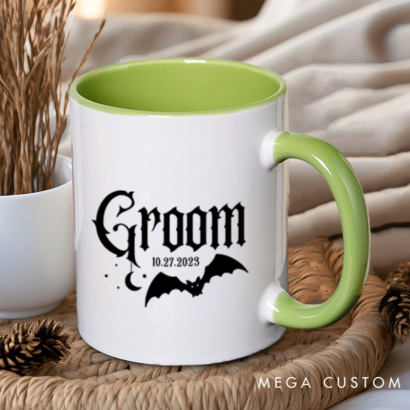 Personalized Halloween Gothic Bride and Groom with Bat and Moon Matching Wedding Couple Mugs