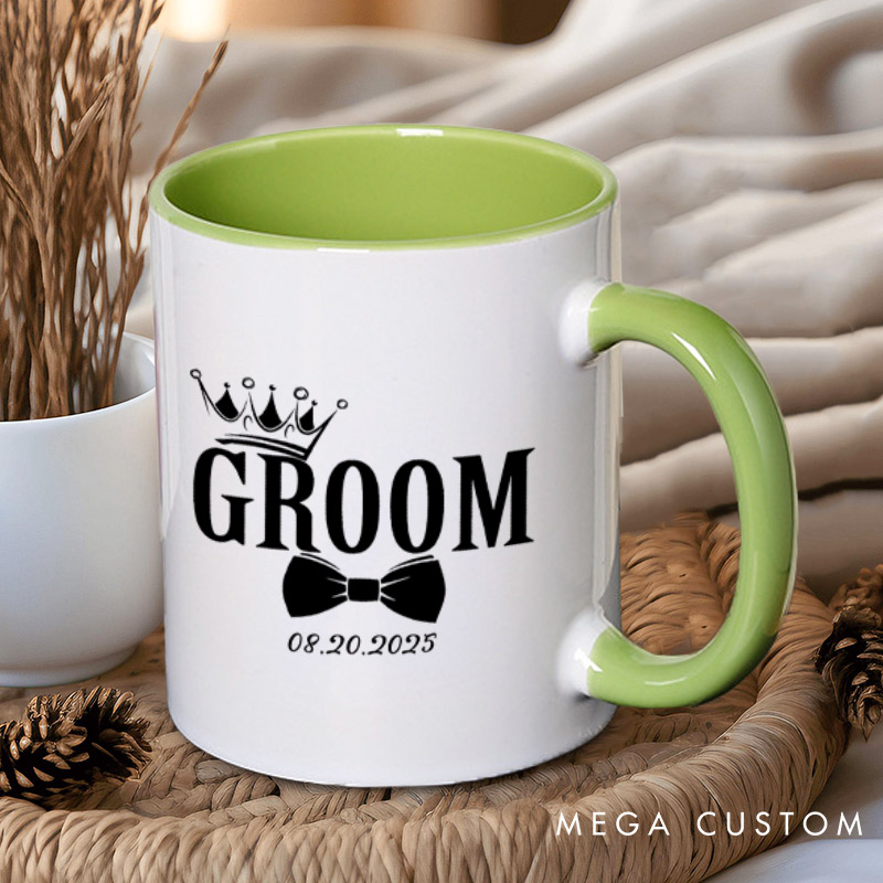 Personalized Regal Bride and Groom with Crowns and Date Matching Wedding Couple Mugs