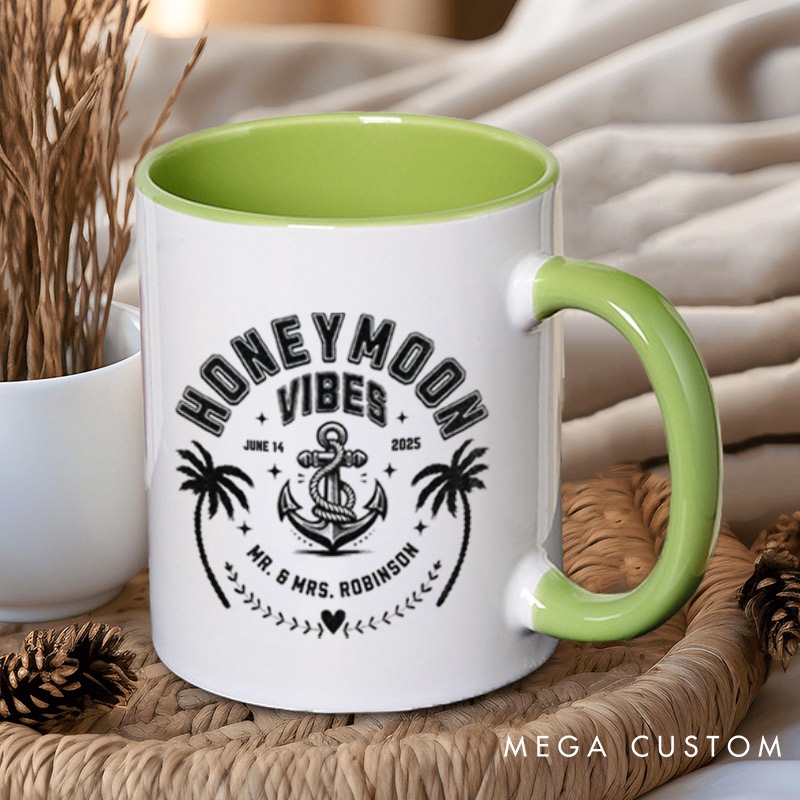 Personalized Nautical Honeymoon Vibes with Anchor and Palm Trees Matching Honeymoon Couple Mugs