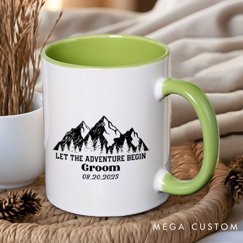 Personalized Rustic Line Mountains Let The Adventure Begin Bride and Groom Matching Wedding Couple Mugs