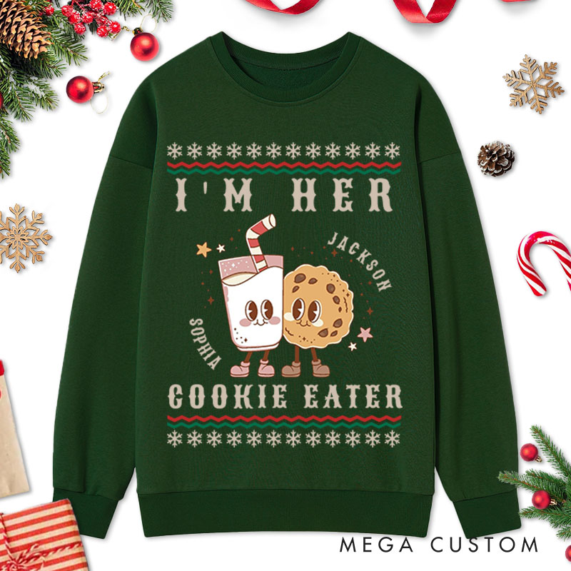 Personalized Couple I'm Her Cookie Eater Christmas Sweatshirt Couple I’m His Milk Drinker Matching Sweatshirt for Husband Wife Boyfriend Girlfriend