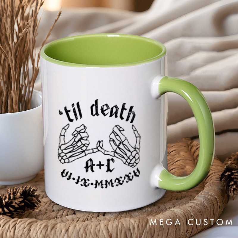 Personalized Til Death Skeleton Finger Hooks with Initials and Dates Matching Wedding Couple Mugs