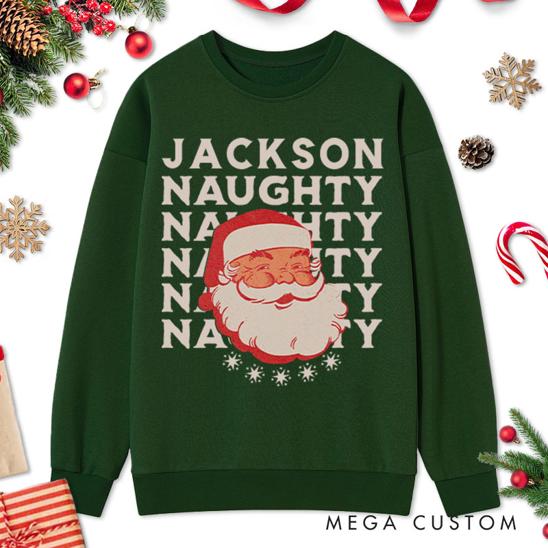 Personalized Couple Naughty and Nice with Santa Christmas Sweatshirt Couple Xmas Matching Crewneck Sweatshirt for Husband Wife Boyfriend Girlfriend