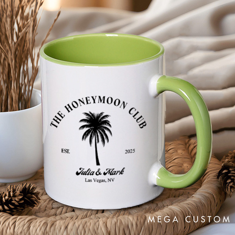 Personalized Tropical The Honeymoon Club with Palm Tree Matching Honeymoon Couple Mugs