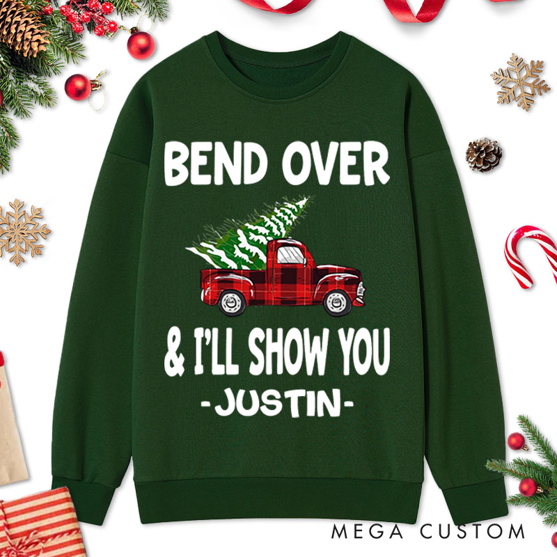 Personalized Couple Bend Over and I’ll Show You Christmas Sweatshirt Xmas Plaid Truck with Tree Sweatshirt for Husband Wife Boyfriend Girlfriend