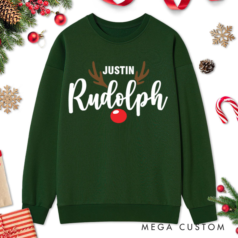 Personalized Couple Rudolph and Most Likely to Try and Ride Rudolph Christmas Sweatshirt Xmas Antler Sweatshirt for Husband Wife Boyfriend Girlfriend
