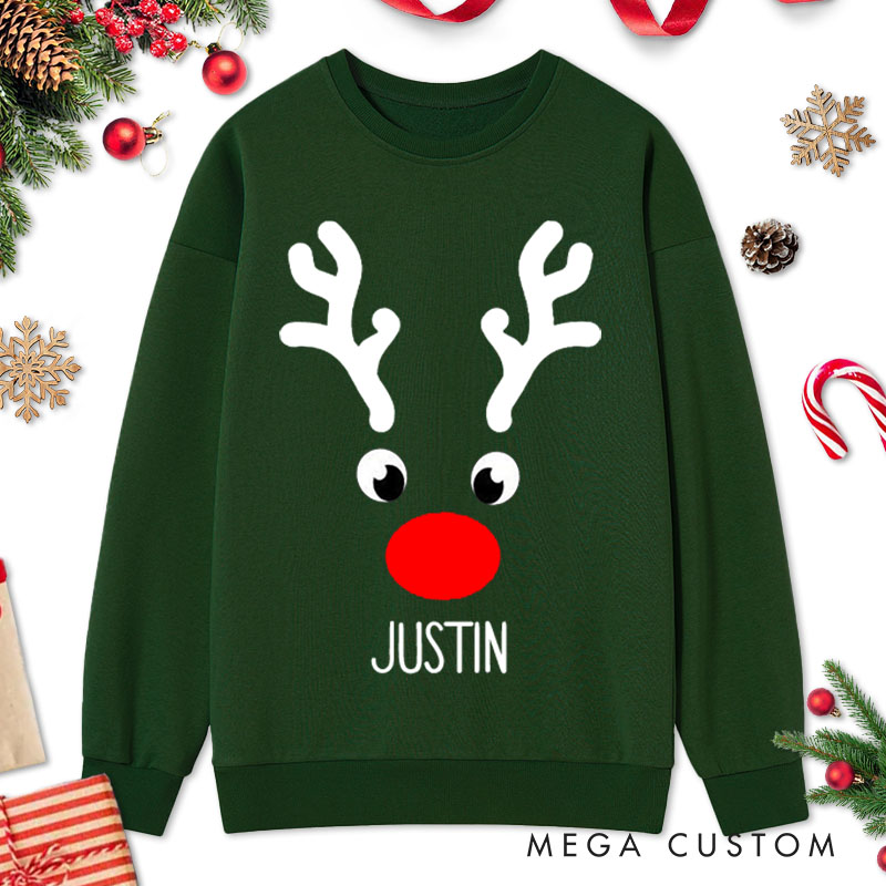 Personalized Couple Cute Christmas Reindeer Matching Sweatshirt with Name Couple Xmas Antler Crewneck Sweatshirt for Husband Wife Boyfriend Girlfriend