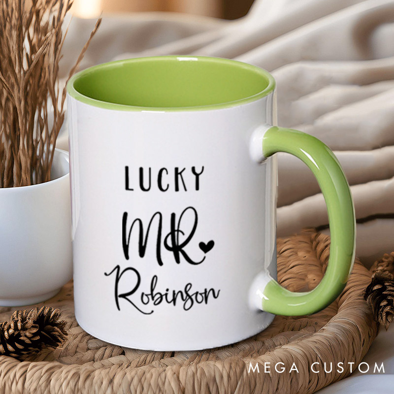 Personalized Playful Lucky Mr and Future Mrs with Heart Matching Engagement Couple Mugs