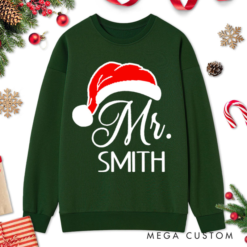 Personalized Couple Mr. and Mrs. with Santa Hats Christmas Sweatshirt Couple Xmas Matching Crewneck Sweatshirt for Husband Wife Boyfriend Girlfriend