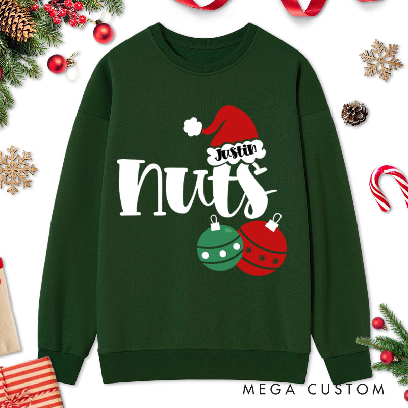 Personalized Couple Funny Nuts with Christmas Balls and Chest with Wreath Sweatshirt Couple Xmas Sweatshirt for Husband Wife Boyfriend Girlfriend