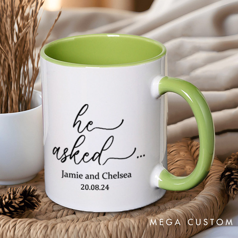 Personalized He Asked and She Said Yes Engagement Couple Mugs
