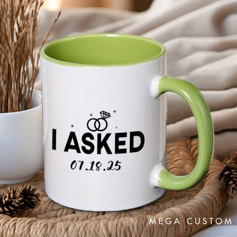 Personalized Elegant I Asked and I Said Yes Engagement Announcement with Rings Engagement Couple Mugs