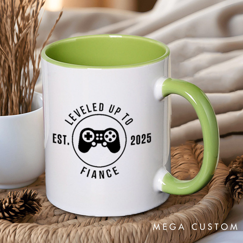 Personalized Leveled Up to Fiancée and Fiancé with Gaming Controller Engagement Couple Mugs