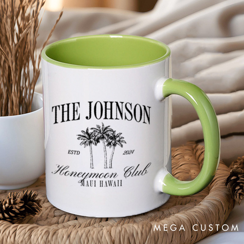 Personalized Classic Honeymoon Club with Palm Trees Matching Honeymoon Couple Mugs