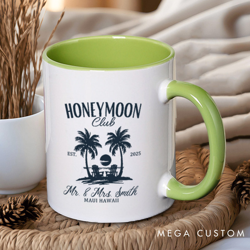 Personalized Vintage Tropical Honeymoon Club with Sunset Matching Honeymoon Couple Mugs