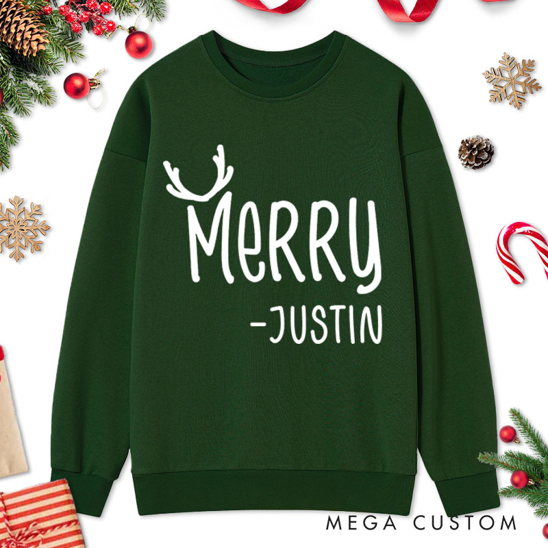 Personalized Couple Cute Merry and Christmas with Antler Sweatshirt Couple Xmas Crewneck Sweatshirt for Husband Wife Boyfriend Girlfriend