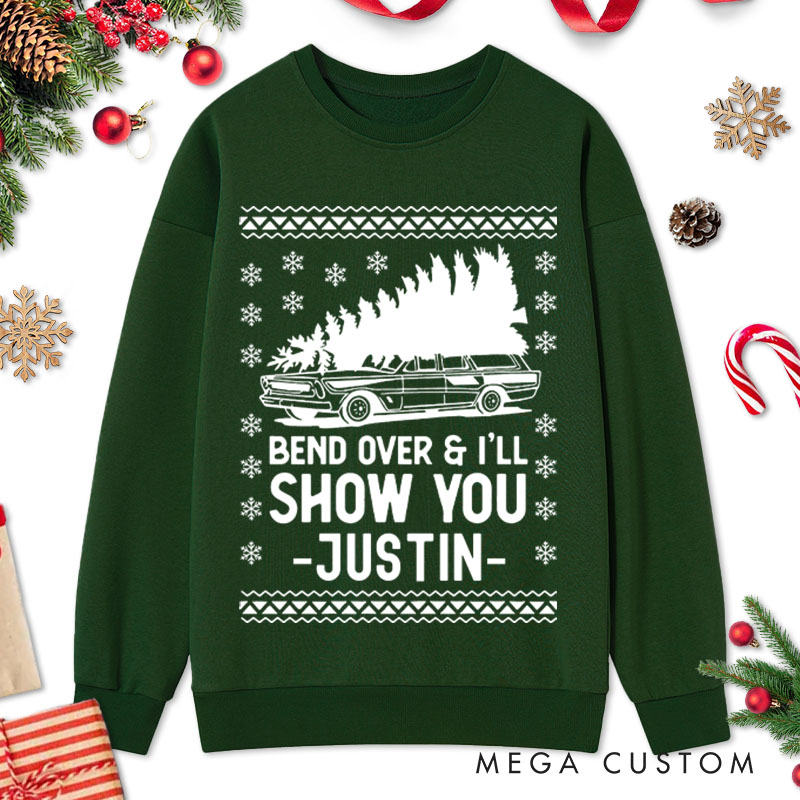 Personalized Couple Bend Over and I'll Show You Sweatshirt Xmas Truck Ugly Sweater Couple Matching Sweatshirt for Husband Wife Boyfriend Girlfriend