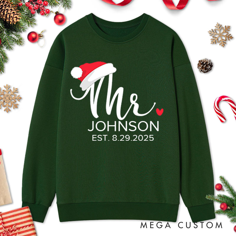 Personalized Couple Mr. and Mrs. with Santa Hats and Heart Christmas Sweatshirt Couple Xmas Matching Sweatshirt for Husband Wife Boyfriend Girlfriend