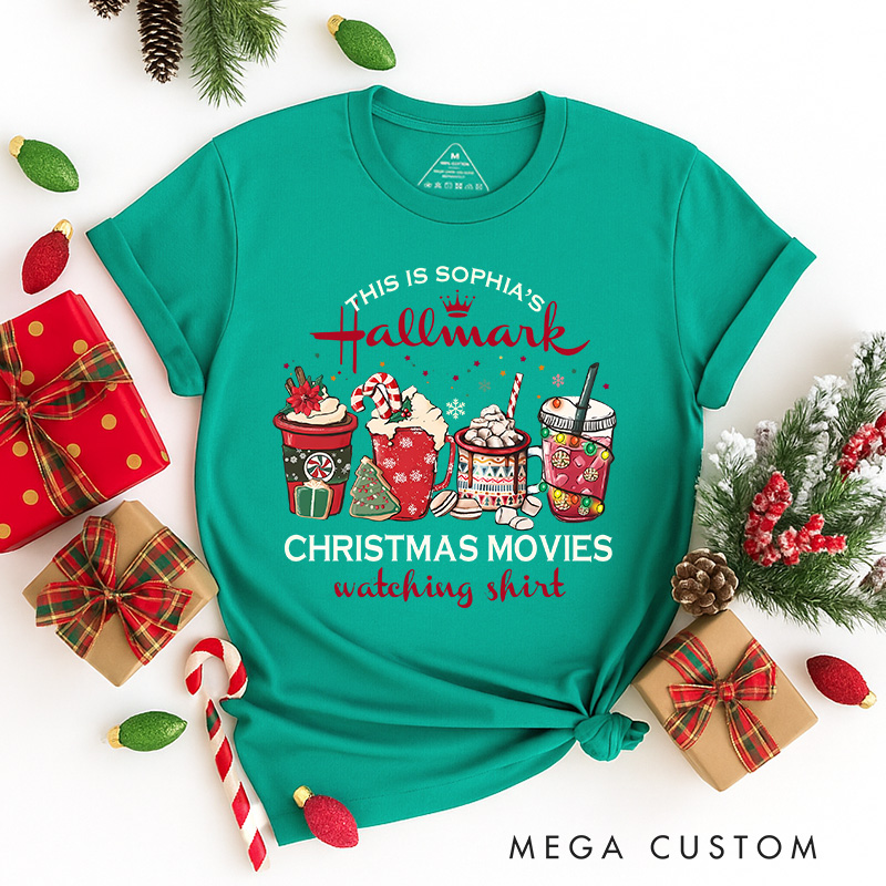 Personalized Coffee Christmas Movie Watching Shirt Classic T-Shirts Christmas Film Tshirt Movie Holiday Shirt
