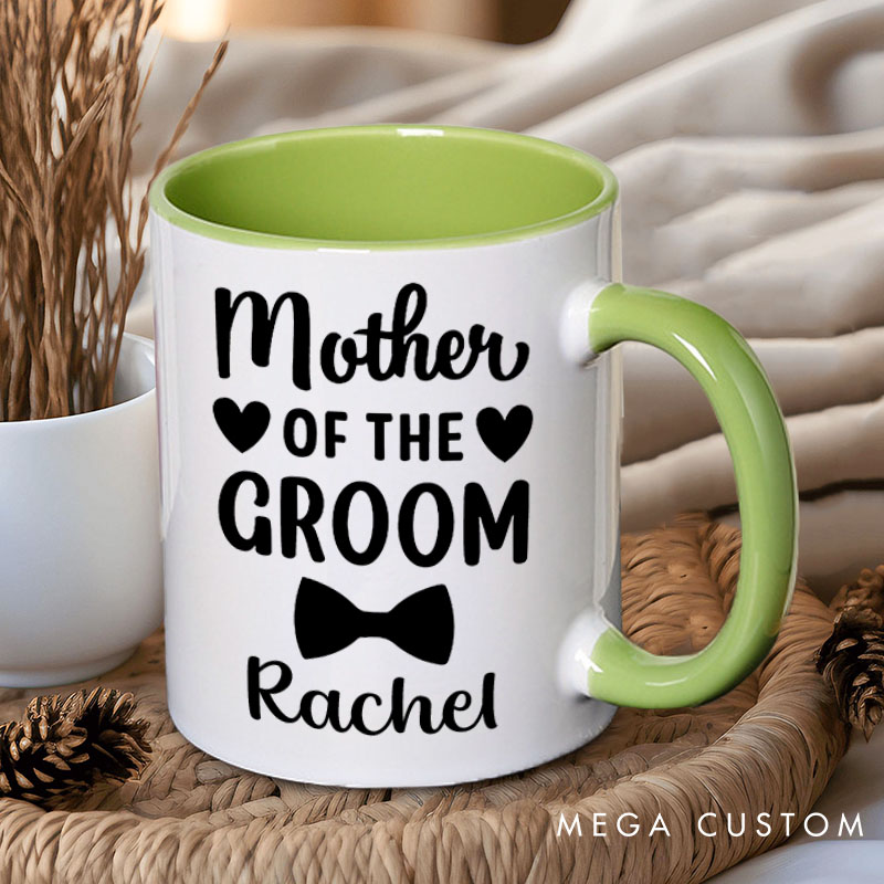 Personalized Mother of the Bride Mug Mother of the Groom Mug Bow Tie and Dress Mug Bachelorette Party Mug MOG MOB Gift Wedding Mug