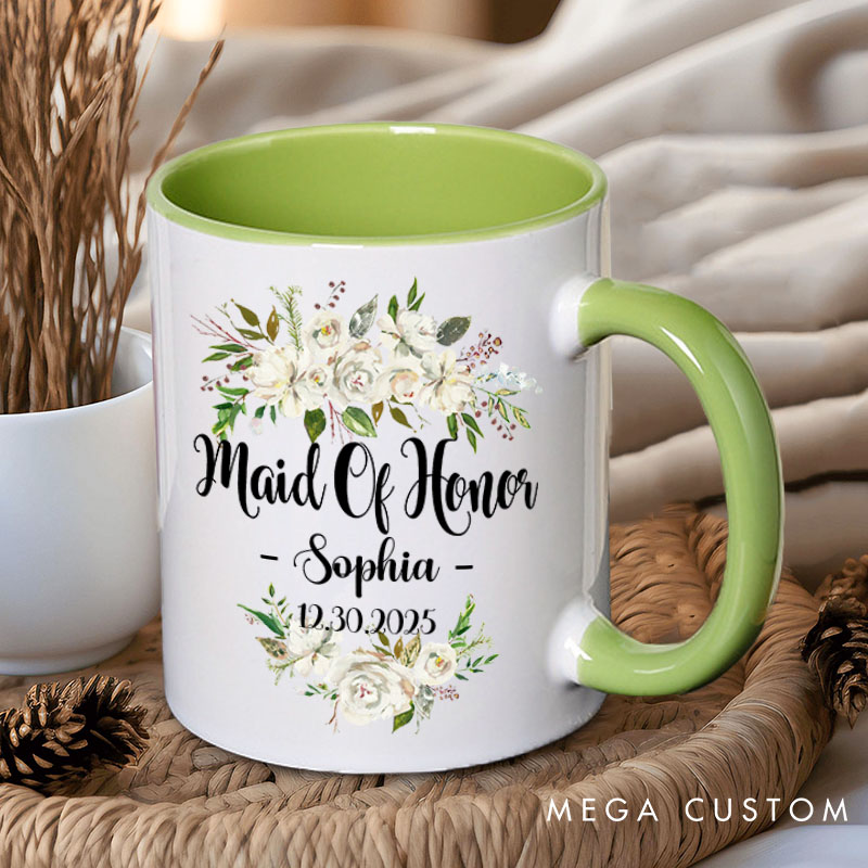 Personalized Maid of Honor White Floral Mug Name Bridesmaid Mug Bachelorette Party Mug with Date Bridesmaid Proposal Gift for Her Bridal Shower Mug