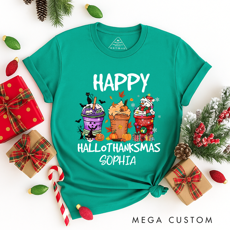 Personalized Classic T-Shirts Happy Hallothanksmas and Christmas Tee Coffee Pumpkin Spice Iced Tee