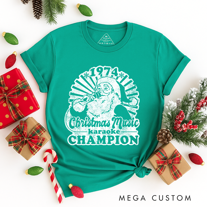 Personalized Classic T-Shirts Santa Face Christmas 1974 Tee Christmas Music Karaoke Champion Christmas Music Lover Tee