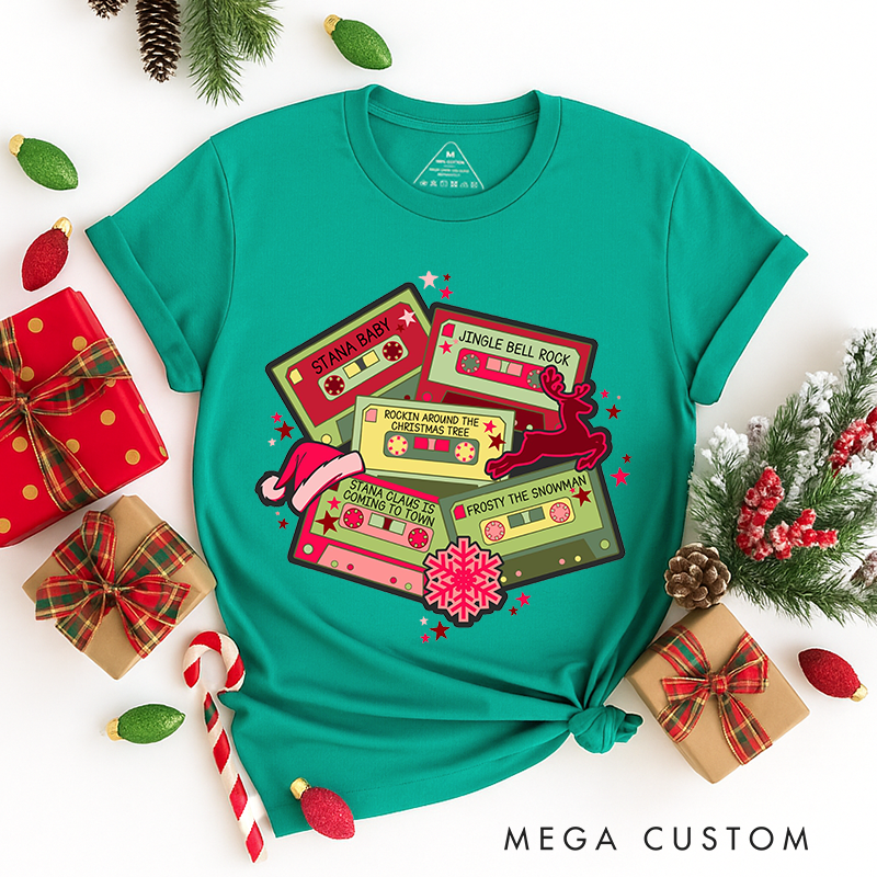 Personalized Classic T-Shirts Christmas Music Cassette Tapes Tee Christmas Songs and Party Tee Retro Music Cassette Tapes
