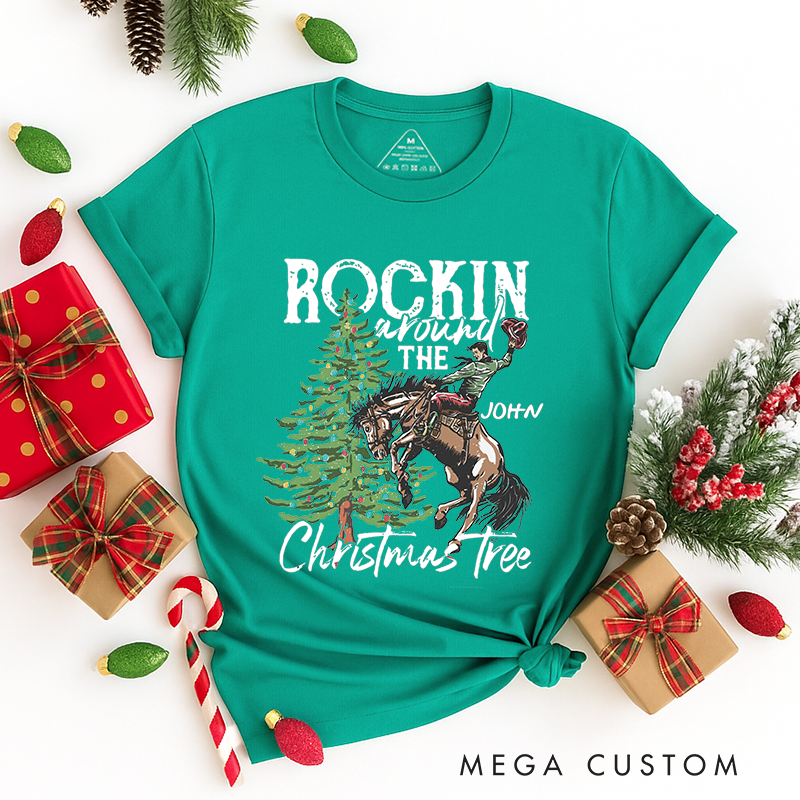 Personalized Classic T-Shirts Rocking Around the Christmas Tree Tee Retro Christmas Western Cowboy Christmas Tee