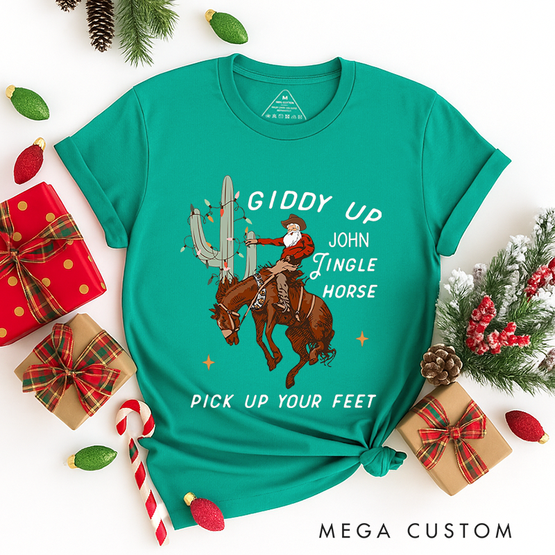 Personalized Classic T-Shirts Cowboy Christmas Tee Giddy Up Jingle Horse Pick Up Your Feet Howdy Country Christmas Horse Tee