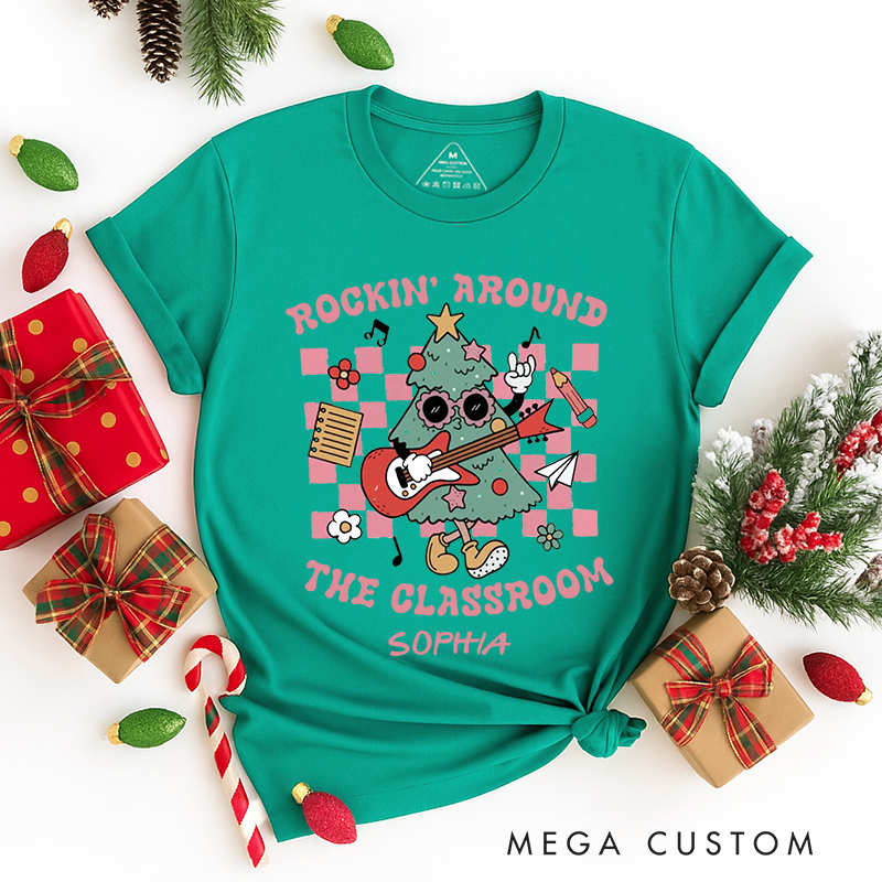 Personalized Classic T-Shirts Rockin Around the Classroom Christmas Tee