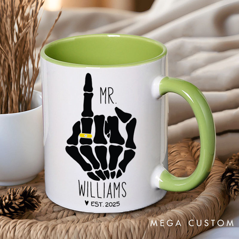 Personalized Couple Wedding Mr. and Mrs. with Skeleton Hand Mug Custom Engagement Mug with Name Valentine's Day Mug for Husband Wife Hubby Wifey