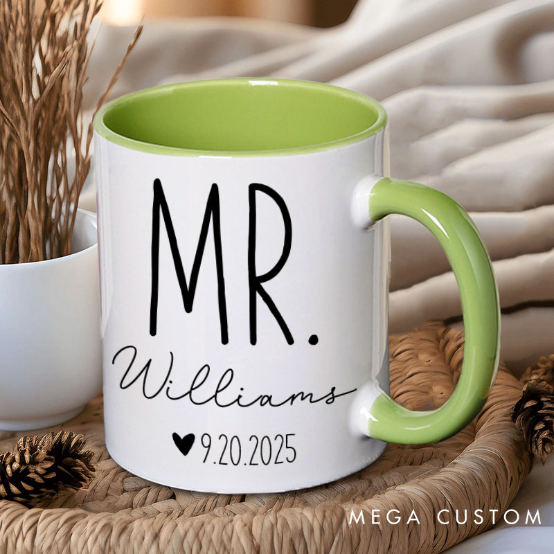 Personalized Couple Classic Mr. and Mrs. Mug with Name and Date Newlywed Mug for Her Him Valentine's Day Mug for Husband Wife Hubby Wifey