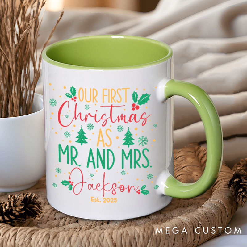 Personalized Couple Our First Christmas as Mr. and Mrs. Mug with Name Newlyweds Xmas Coffee Mug Christmas Mug for Husband Wife Hubby Wifey
