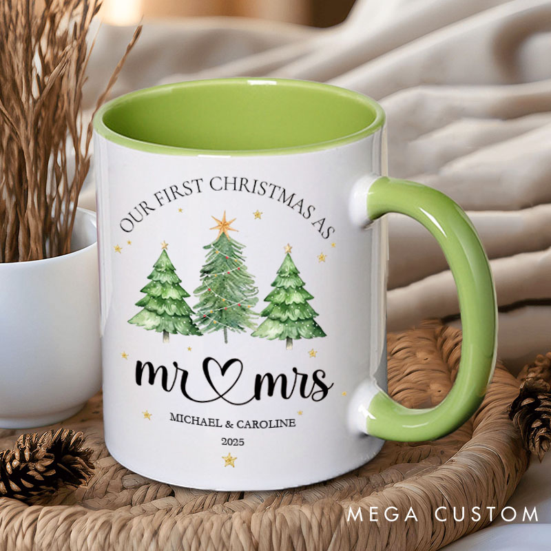 Personalized Couple Our First Christmas as Mr. and Mrs. Mug Custom Couple Xmas Tree Coffee Mug with Name Christmas Mug for Husband Wife Hubby Wifey