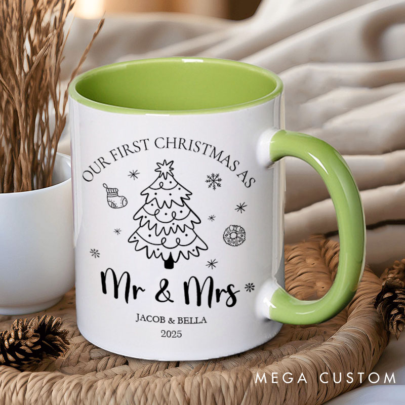 Personalized Couple Our First Christmas as Mr. and Mrs. Mug Custom Cute Xmas Tree Coffee Mug with Name Christmas Mug for Husband Wife Hubby Wifey