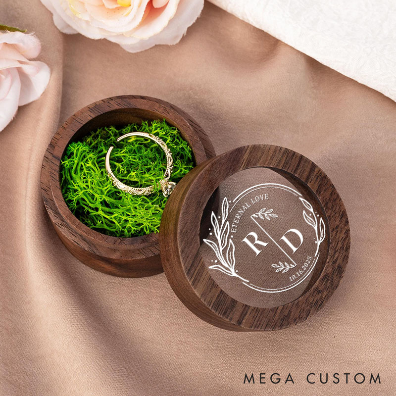 Personalized Couple Eternal Love Round Wreath Wedding Wooden Ring Box Newlywed Ring Box with Acrylic Cover Engagement Ring Box Husband Wife Ring Box