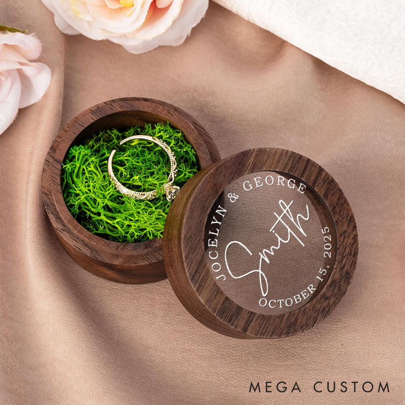 Personalized Couple Minimalist Wedding Wooden Ring Box Newlywed Last Name Round Ring Box with Acrylic Cover Engagement Ring Holder Husband Wife Gift