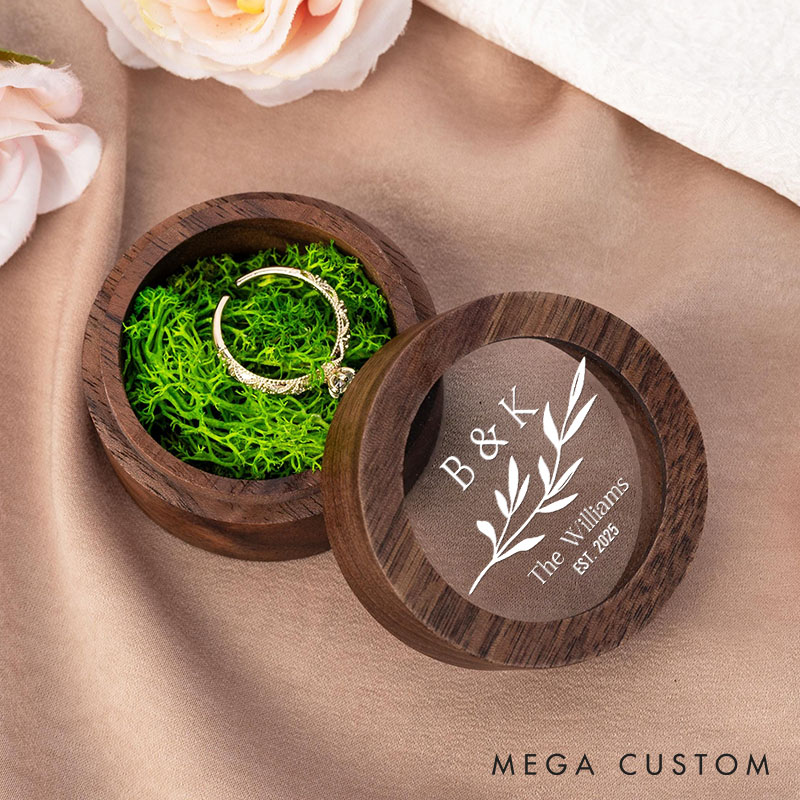 Personalized Couple Wedding Leaf Wooden Ring Box Newlyweds Initials Last Name Round Ring Box with Acrylic Cover Engagement Ring Box Husband Wife Gift