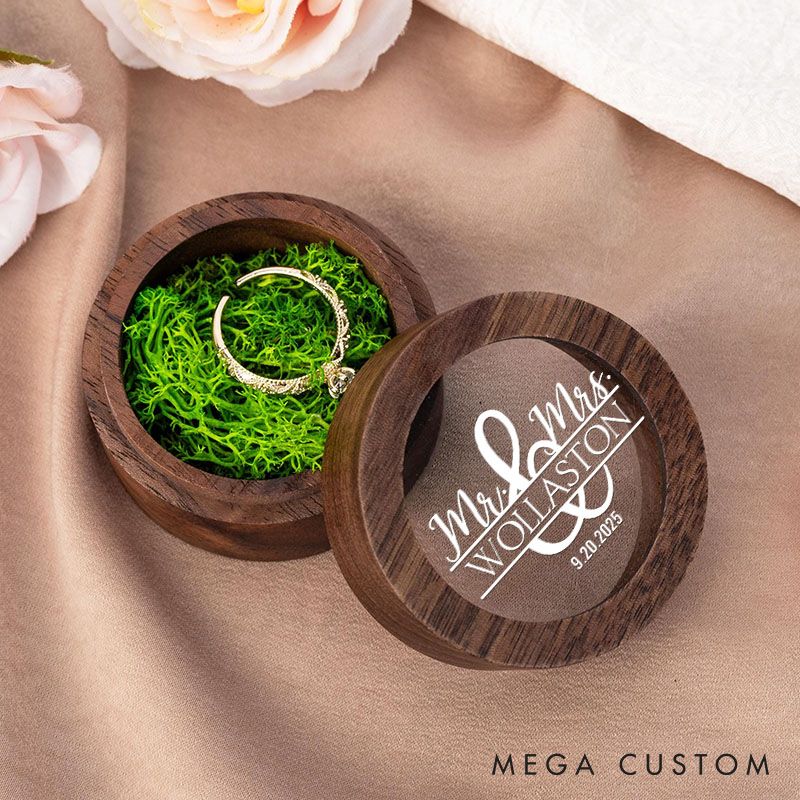 Personalized Couple Wedding Mr and Mrs Wooden Ring Box Newlyweds Last Name Round Ring Box with Acrylic Cover Engagement Ring Box Husband Wife Gift