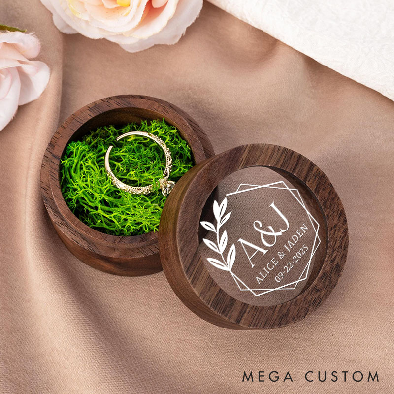 Personalized Couple Wedding Hexagon Wrath Wooden Ring Box Newlyweds Initials Name Round Ring Box with Acrylic Cover Husband Wife Engagement Ring Box