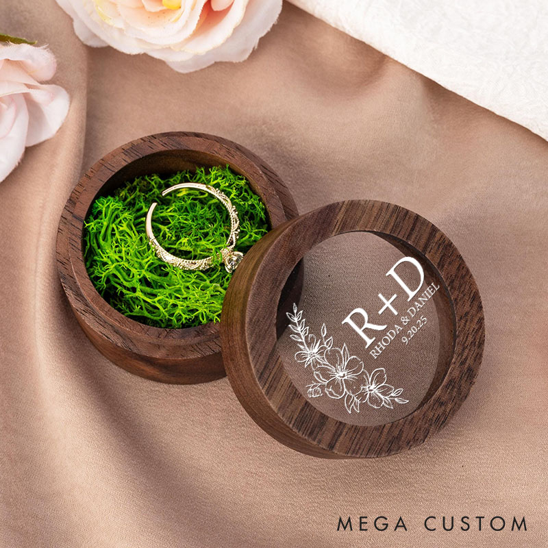 Personalized Couple Wedding Romantic Floral Wooden Ring Box Newlyweds Initials Name Round Ring Box with Acrylic Cover Husband Wife Engagement Ring Box