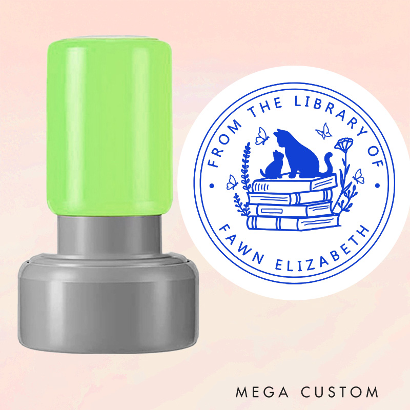 Personalized from the Library of Book Stamp Custom Round Cat and Book Stamps with Name Library Stamp Book Lover Gift Librarian Gift for Her