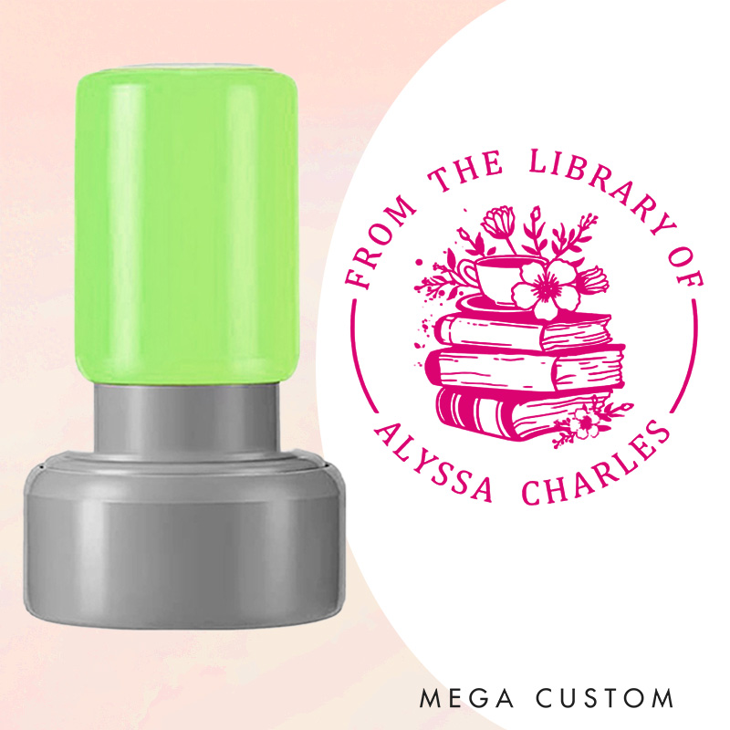 Personalized Flower Book and Coffee Book Stamp from the Library of Stamp Custom Librarian Book Stamp with Name Book Lover Gift Reader Lover Gift