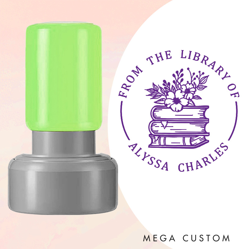 Personalized Books and Flowers Book Stamp Custom from the Library of Stamp Library Stamp with Name Book Lover Gift for Librarian Gift