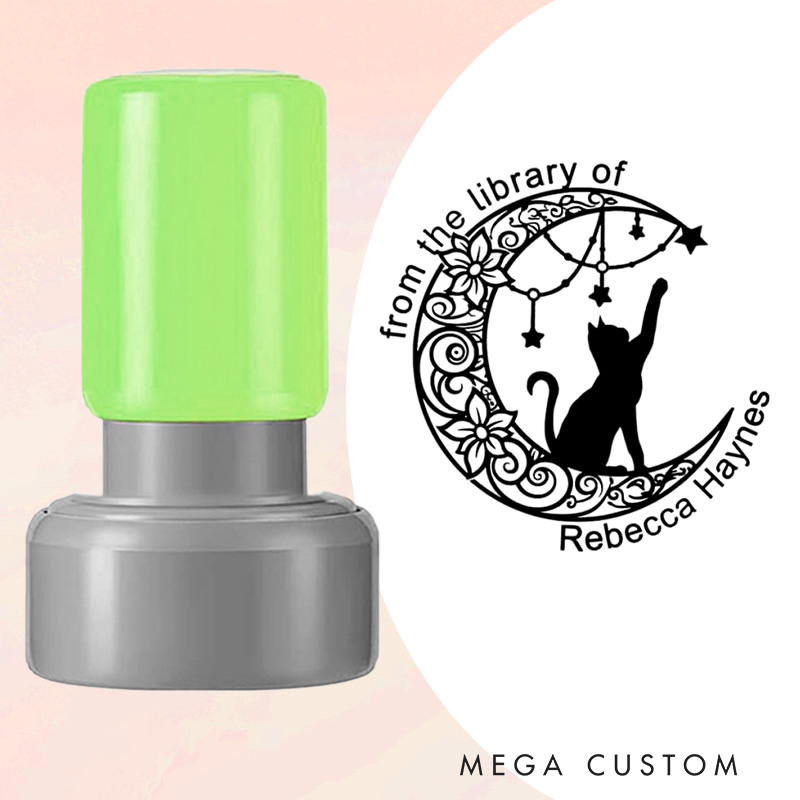 Personalized Cat and Moon Book Stamp from the Library of Stamp Custom Round Librarian Stamp with Name Book Lover Gift for Reading Lover Gift