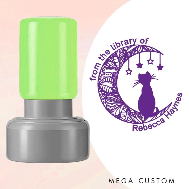 Personalized Cat and Flower Moon Book Stamp from the Library of Stamp with Name Custom Round Librarian Stamp Book Lover Gift for Bookish Gift