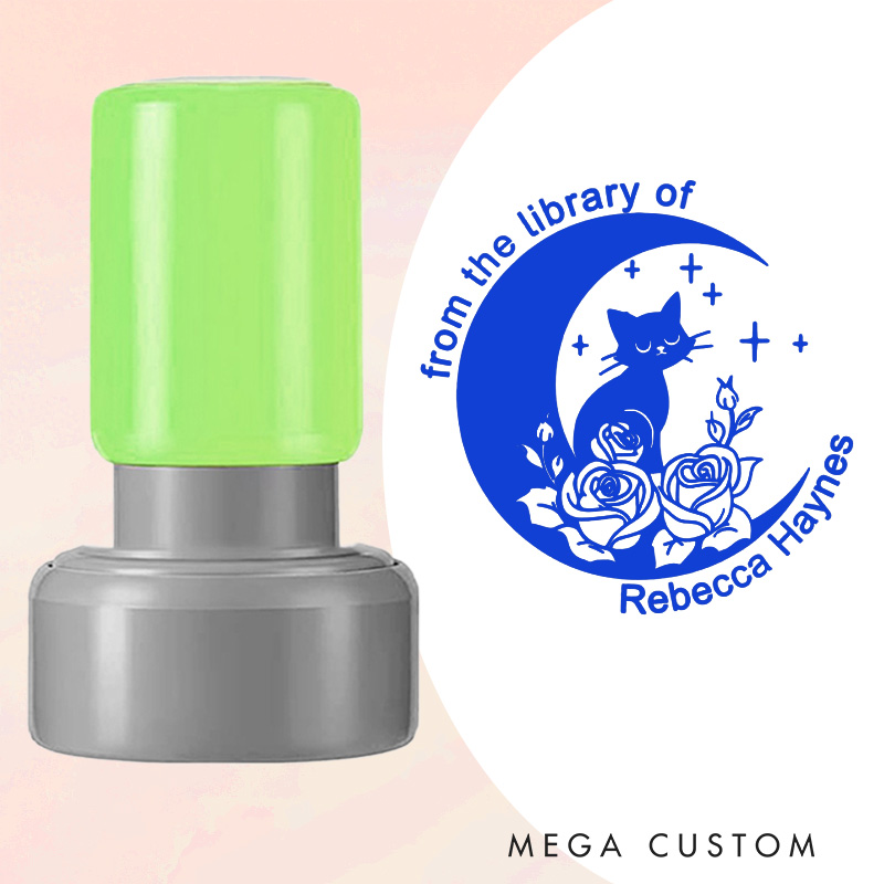 Personalized Moon Cat and Flower Book Stamp Custom from the Library of Stamp with Name Round Librarian Stamp for Book Lover Gift Bookish Gift